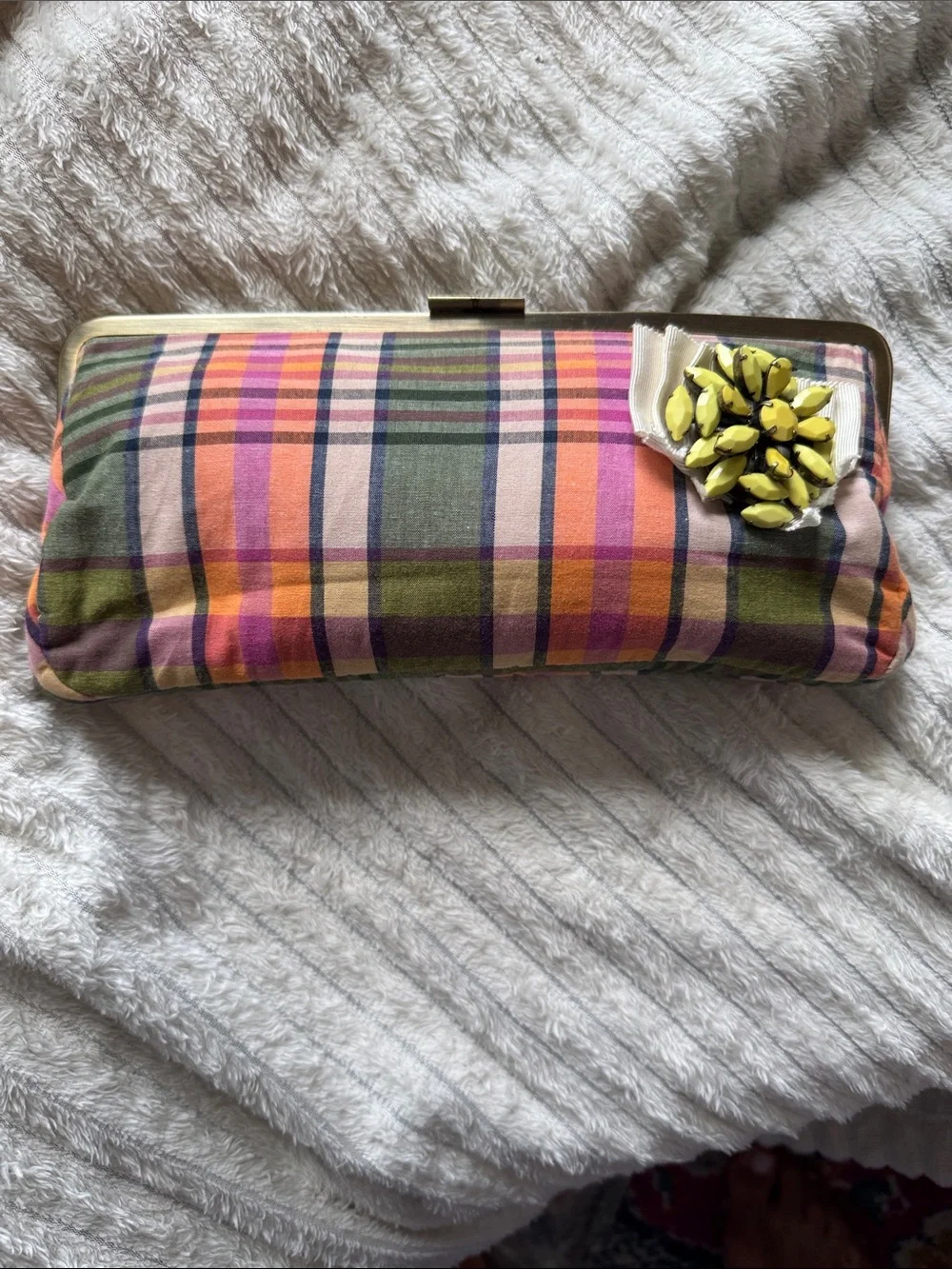 Plaid Multicolor Clutch with Yellow Floral Gem Accent